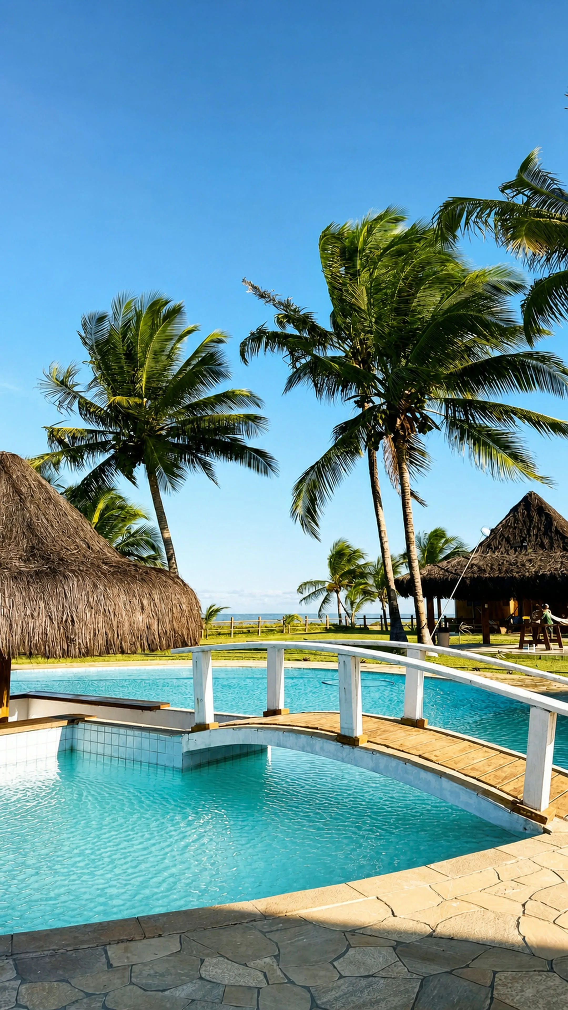 Piscina com ponte, coqueiros e mar no Paraíso dos Corais