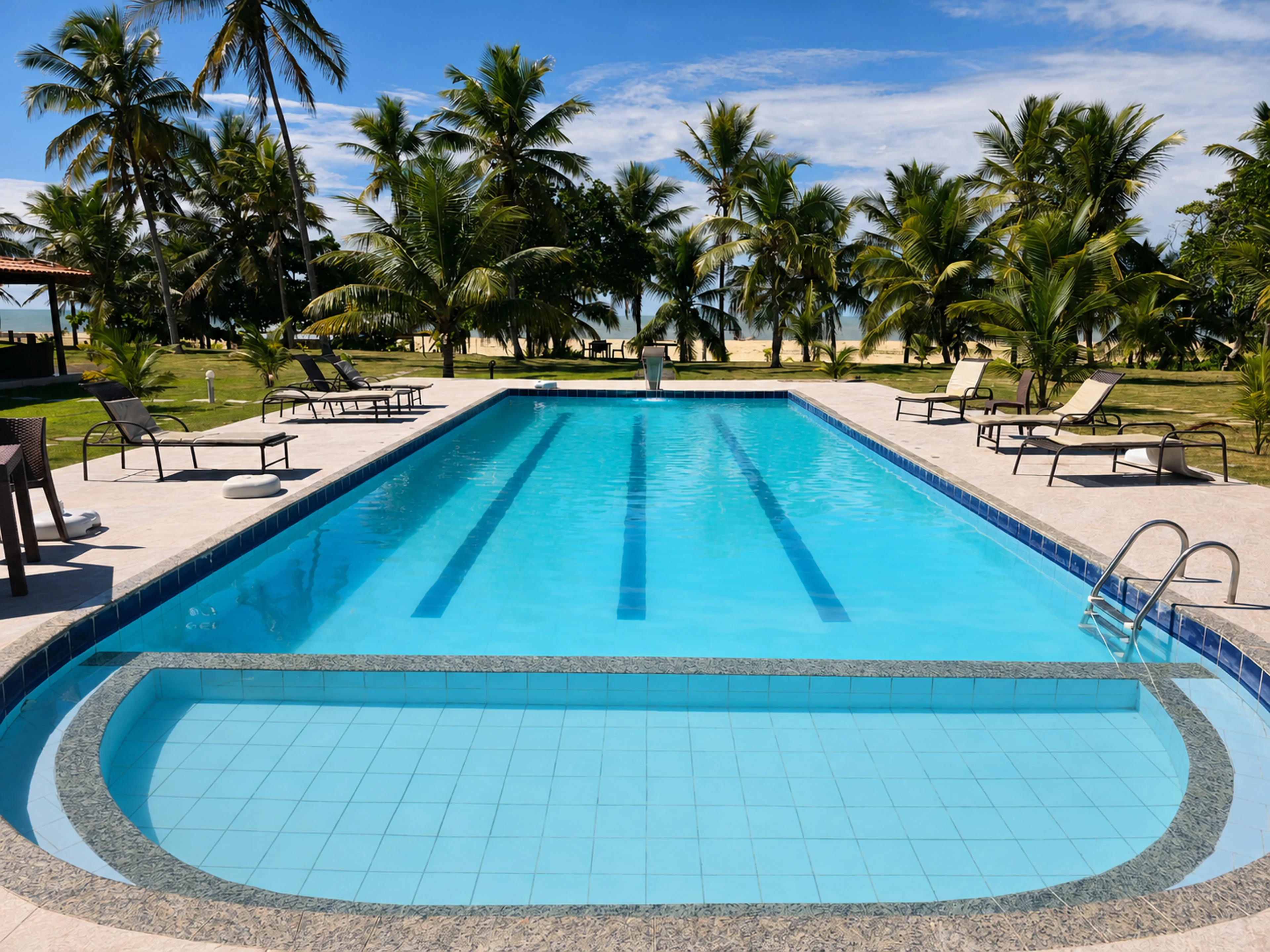 Piscina do Bangalô da Professora Eunice cercada por coqueiros e diante da praia