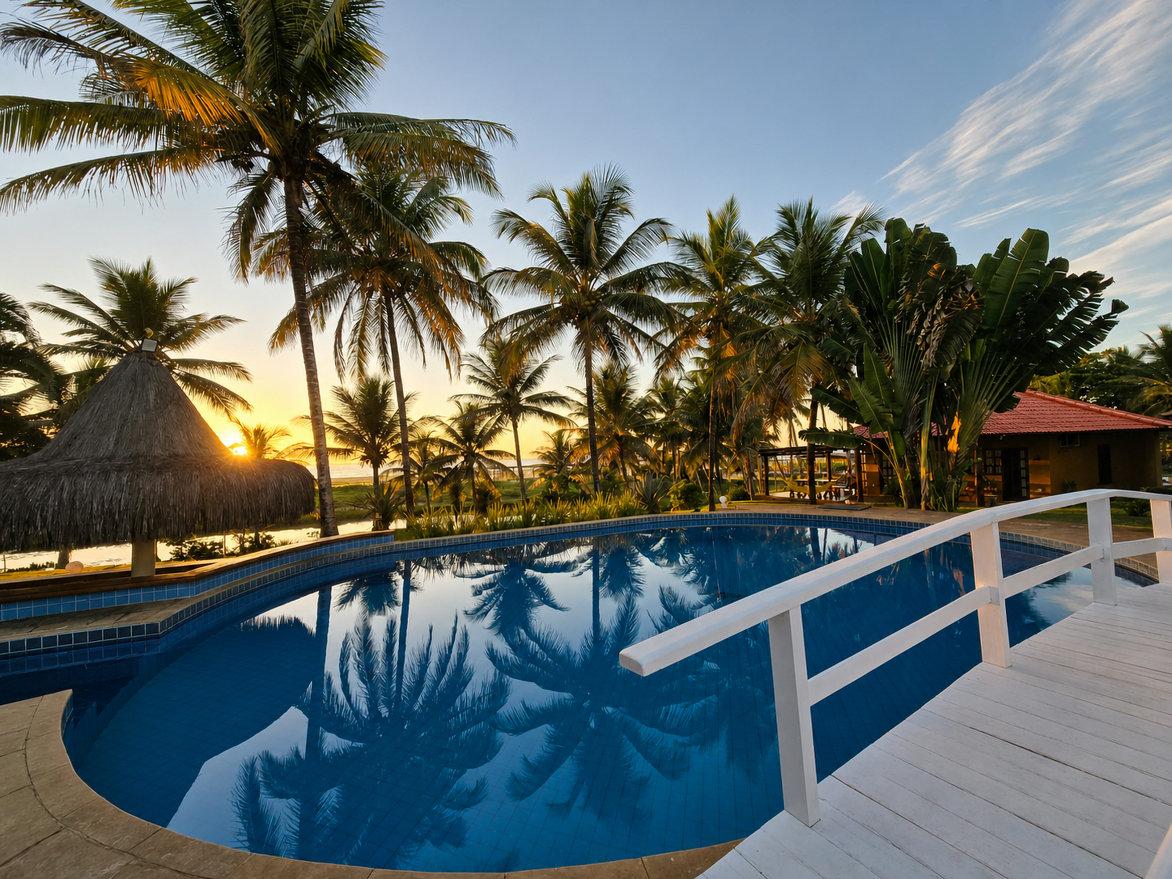 Piscina do Bangalô Paraíso dos Coqueiros entre coqueiros ao pôr do sol
