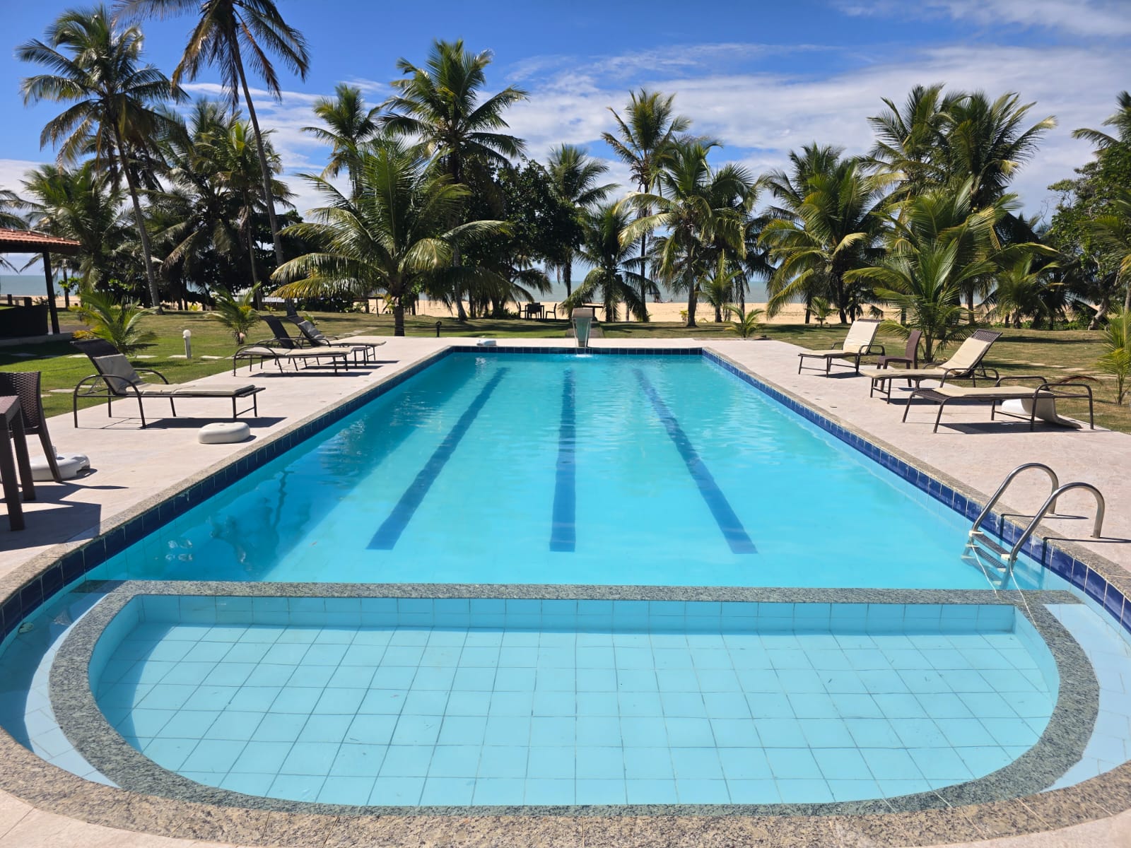 Piscina com vista para o mar e coqueiros